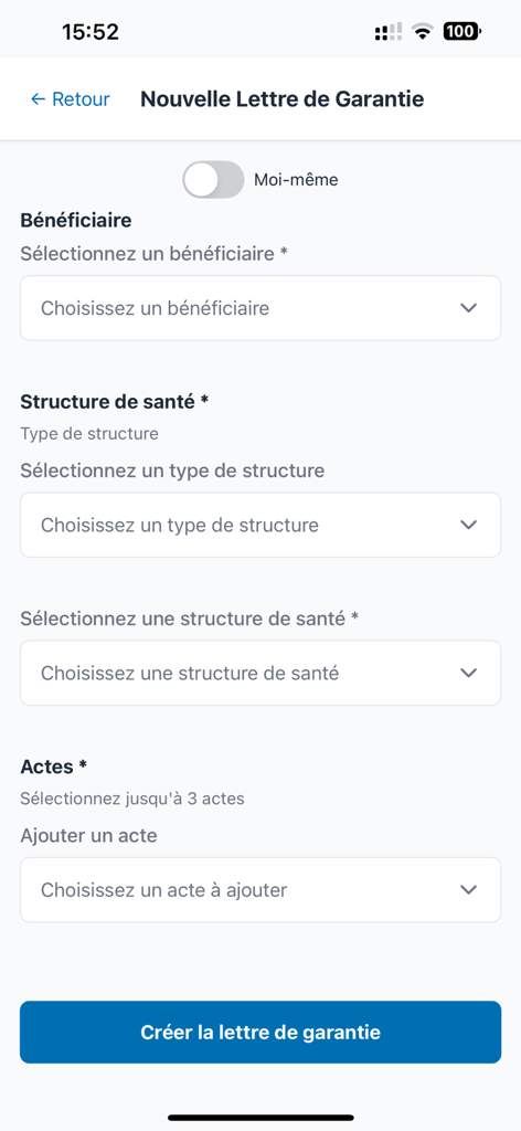 Form for creating a new letter of guarantee in the My Transvie app