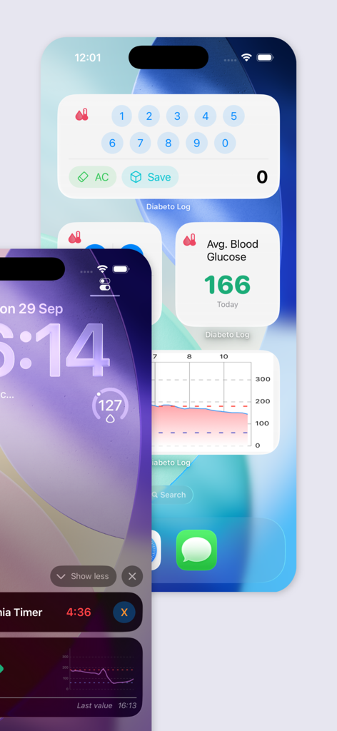 Interfaz de iPhone para la aplicación Diabeto Log con widgets de seguimiento de glucosa en sangre y herramientas de monitoreo en la pantalla de bloqueo.