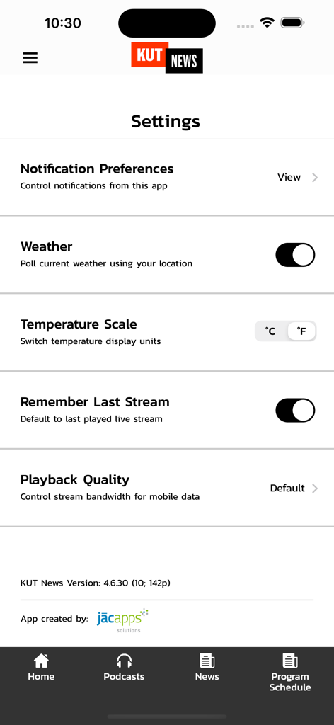 KUT News 90.5 - Settings screen of the KUT News 90.5 mobile app showing notification and playback quality preferences