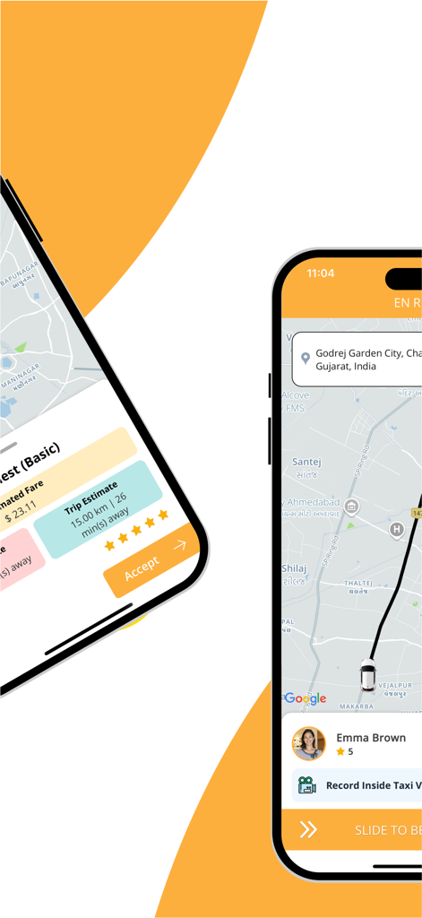 TaxiCube Driver app interface showing a ride request with fare estimation and a live navigation screen with passenger details