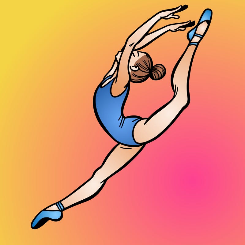 gymnast doing a leap in a leotard with a bent back leg