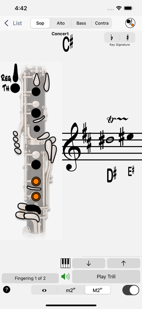Fingering Woodwinds for iPhone - Digital interface showing a clarinet fingering chart and musical notation for trills on an iPhone