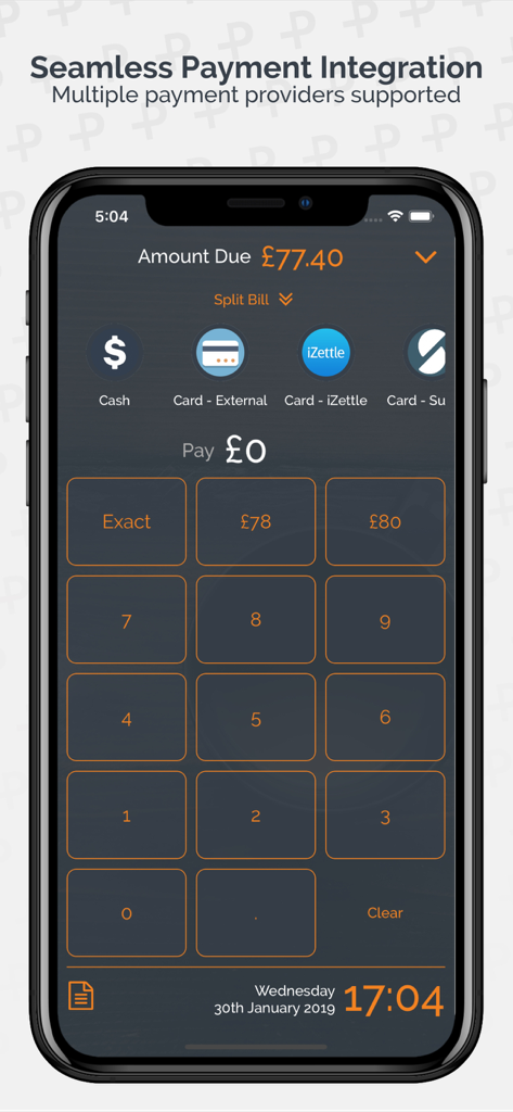 PosApptive POS payment integration screen showing multiple payment options and a numeric keypad
