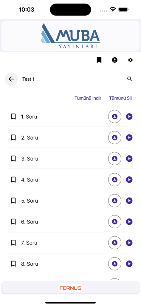 MUBA Video Çözüm - Question list for a test in the MUBA Video Çözüm app showing video play and download icons