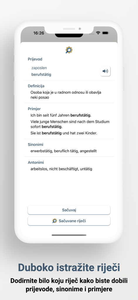 Interface d'application mobile montrant la traduction, la définition, les synonymes et des exemples pour le mot allemand 'berufstatig' en bosniaque