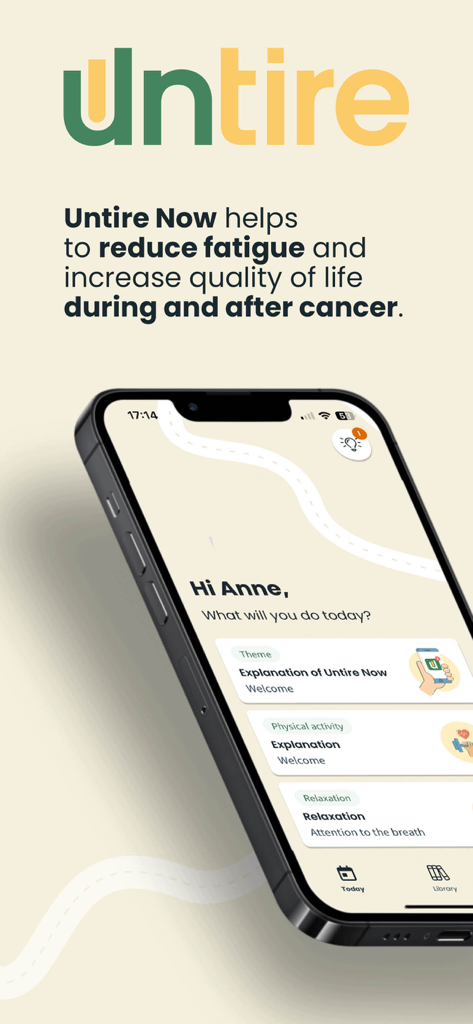 Untire Now - Untire Now mobile app dashboard zeigt Funktionen zur Reduzierung von Müdigkeit und Verbesserung der Lebensqualität während und nach der Krebsgenesung