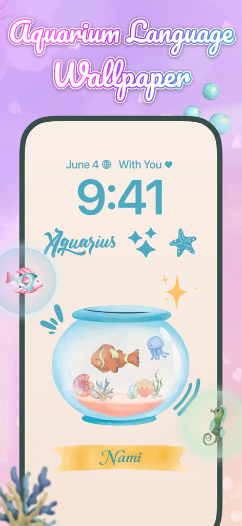 Papel de parede de linguagem de aquário DIY com peixes fofos e nome personalizado