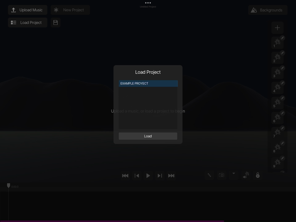 Load project menu interface in the Pyro Simulator app showing the example project option.