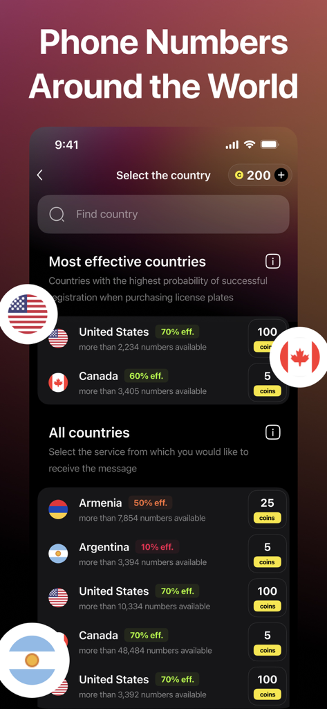 Receive SMS Online, SMS Getter - Interface do aplicativo móvel SMS Getter para selecionar números de telefone virtuais de diferentes países com classificações de eficiência