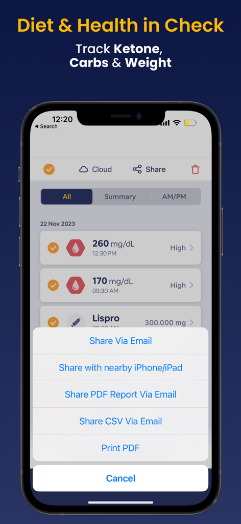 Blood Sugar Monitor Glucobyte - iPhone screen displaying Glucobyte blood sugar logs and data sharing options