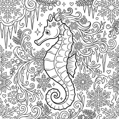 Discover the breathtaking beauty of a Reidi Seahorse in a mystical Winter Wonderland, intricately designed for a captivating coloring experience. This unique page combines marine elegance with frosty enchantment, perfect for art enthusiasts of all ages.