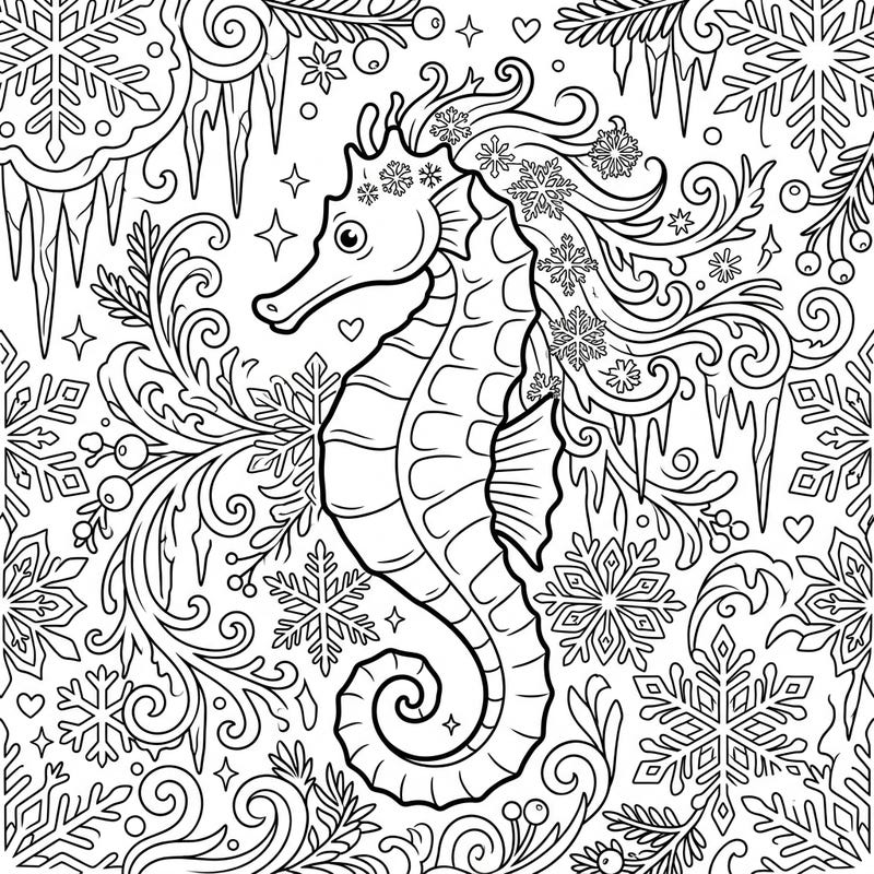 Discover the breathtaking beauty of a Reidi Seahorse in a mystical Winter Wonderland, intricately designed for a captivating coloring experience. This unique page combines marine elegance with frosty enchantment, perfect for art enthusiasts of all ages.
