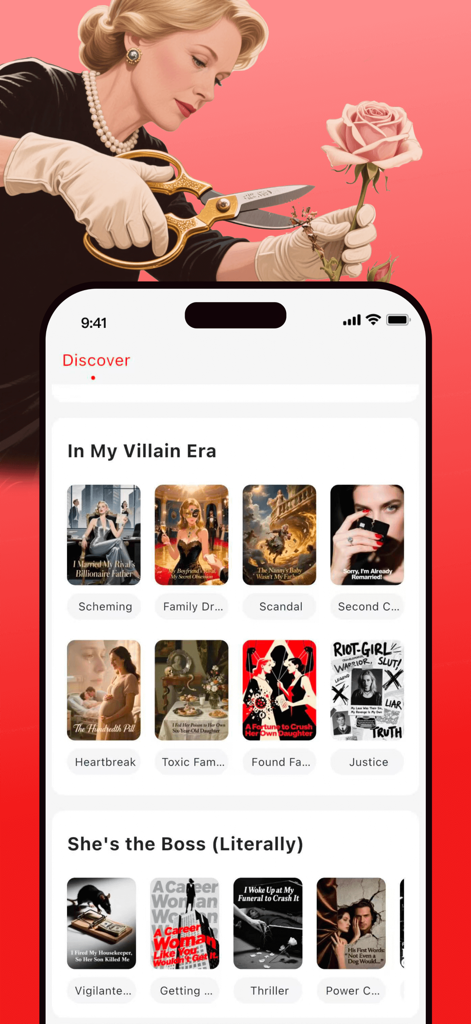 Novellia - Webnovel & Romance - Novellia mobile app discover screen with romance stories and revenge tropes