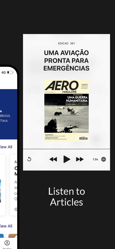 AERO Revista - AERO Revista app screenshot showing the audio playback interface for magazine articles with play controls and a digital cover