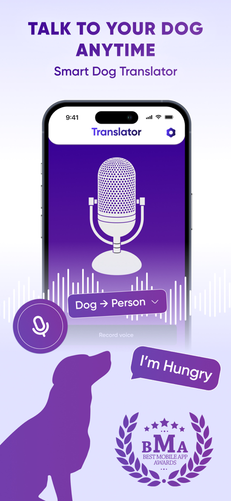 마이크 아이콘과 강아지 실루엣이 있는 강아지 대 사람 번역 모드를 보여주는 Pawla 강아지 번역기 앱 인터페이스