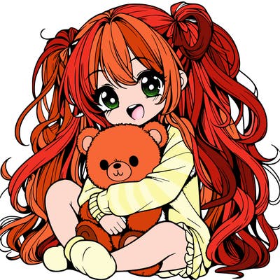 manga girl, long curly hair, happy, cuddling a teddy bear