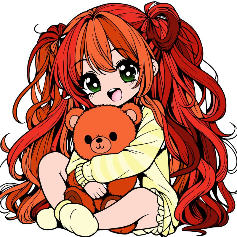 manga girl, long curly hair, happy, cuddling a teddy bear