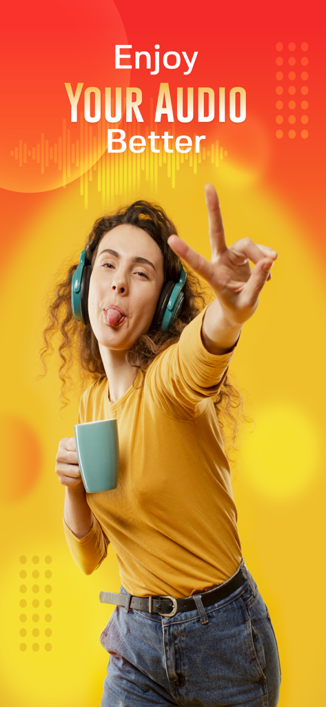 Sonic Equalizer: Bass Booster - A young woman wearing headphones and sticking her tongue out while enjoying music with Sonic Equalizer
