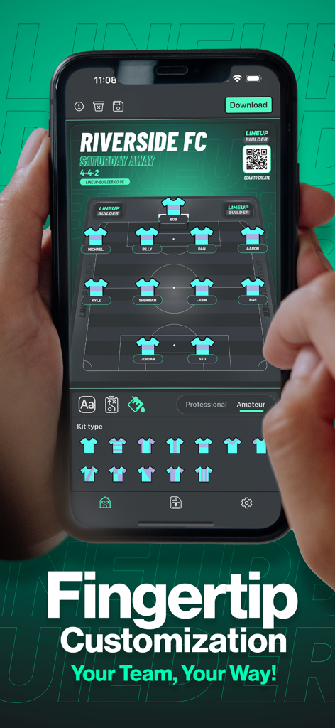 Lineup builder - Pantalla de la aplicación Creador de Alineaciones mostrando la formación del equipo de fútbol y opciones de personalización de equipaciones.