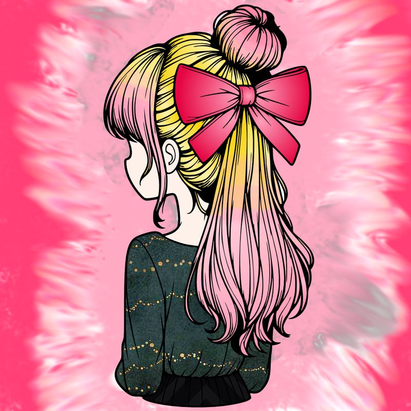 realistic girl  with hip length hair a bun and a big bow on the back of head