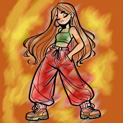 girl in baggy pants crop top and long hair