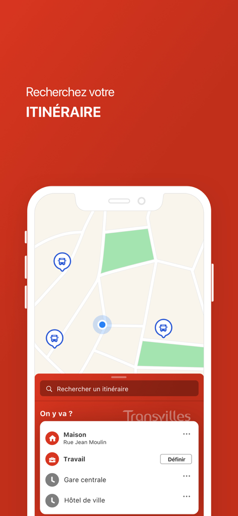 Transvilles-Valenciennes - Interface de l'application Transvilles Valenciennes pour la recherche d'itinéraires avec une carte et des lieux favoris.