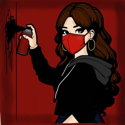 realistic girl with mask spray painting a wall