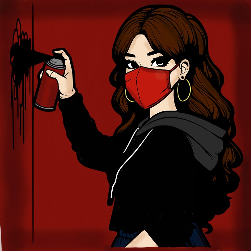 realistic girl with mask spray painting a wall