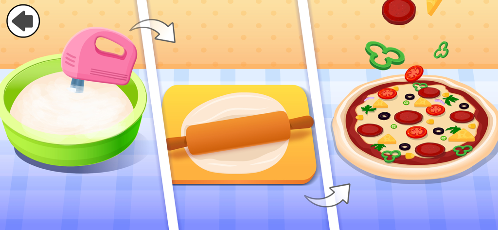Pizza Maker Games for Kids 2-4 - 生地を混ぜたりトッピングを追加したりする、子供向けゲームのピザ作りの手順。