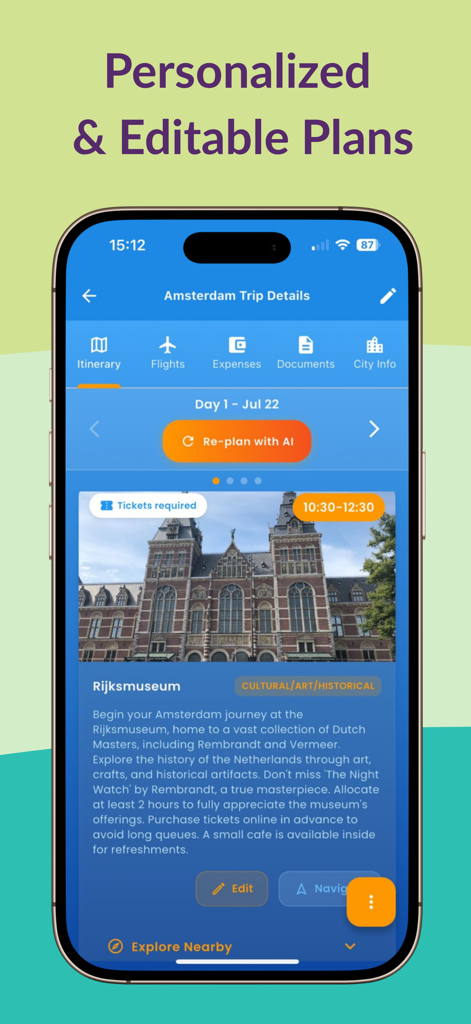 Trip Planner AI Routly interface displaying a personalized Amsterdam itinerary with Rijksmuseum details