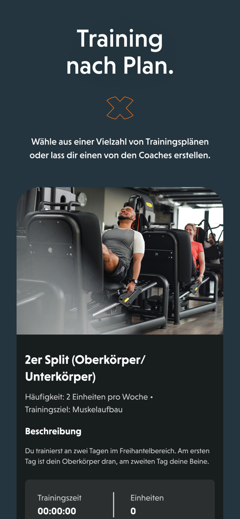 FitX App - Interface do aplicativo móvel FitX exibindo um plano de treino dividido de 2 dias para construção muscular da parte superior e inferior do corpo