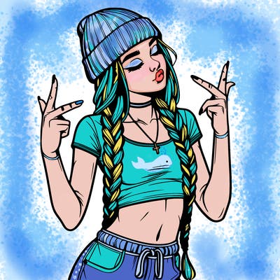 realistic teenage girl with braids and a beanie and crop top doing 🫶🏼