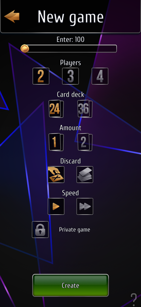 Tela de configuração no jogo de cartas Bluff Online mostrando opções para o número de jogadores, tamanho do baralho e velocidade do jogo