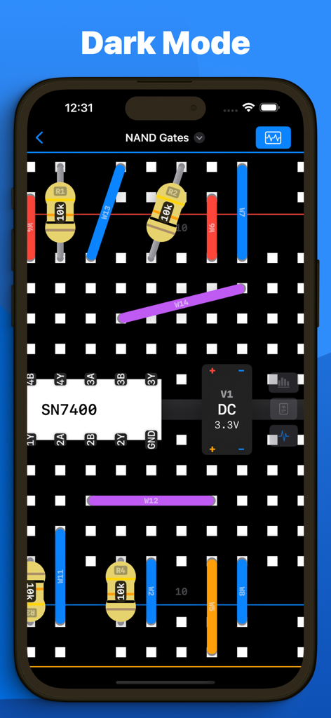 Breadpad - SPICE Simulator - Breadpad app interface showing an electronic circuit on a breadboard in dark mode.