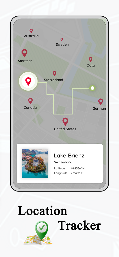 GPS Location Tracker app displaying map pins and latitude longitude coordinates for Lake Brienz Switzerland