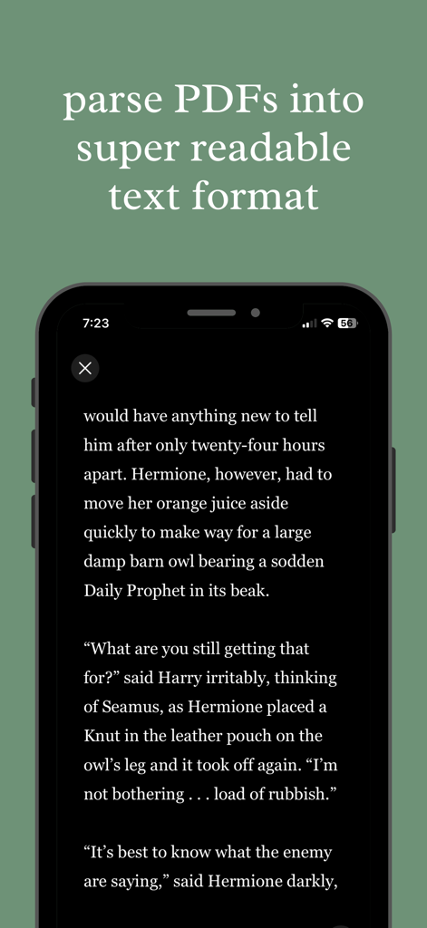 scrolly: cute pdf ebook reader - A smartphone displaying a dark mode reading interface with clear white text on a black background from a PDF book.