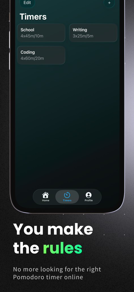 Pomofocus: Focus Friend - Pomofocus app interface showing custom timer categories for school writing and coding