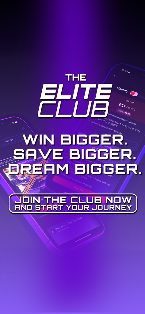 Promotional screen for The Elite Club on the Elite Competitions app featuring the slogan Win Bigger Save Bigger Dream Bigger