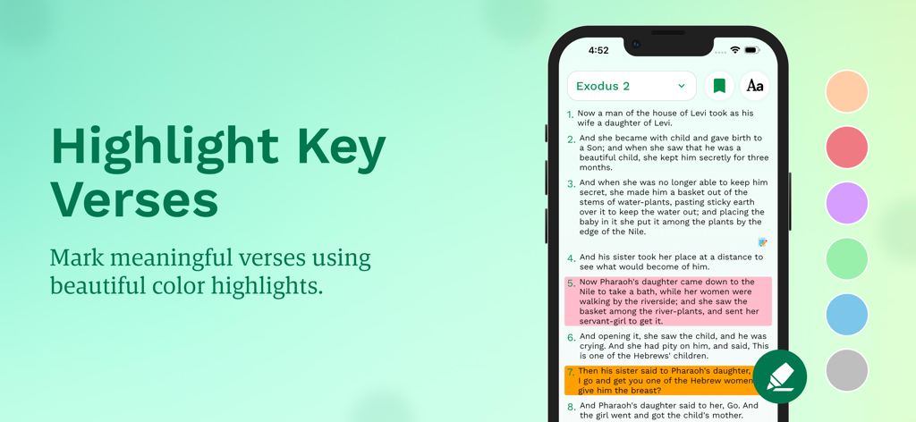Bible - In the Name of Jesus - A smartphone showing the Bible app interface with highlighted verses from Exodus and colorful highlighting options