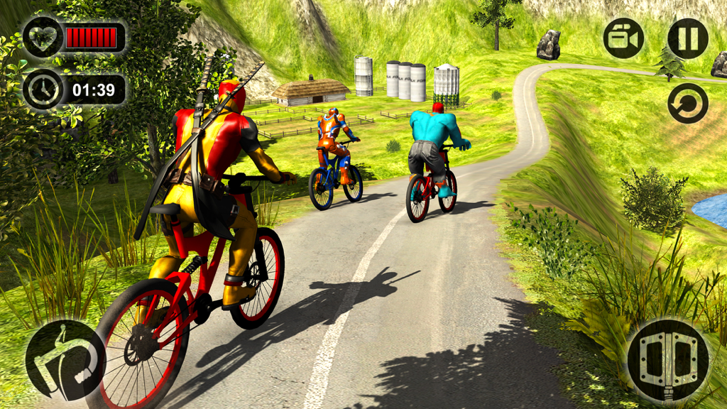 Offroad Superhero Bicycle Race - Superheroes competing in a bicycle race on a mountain road