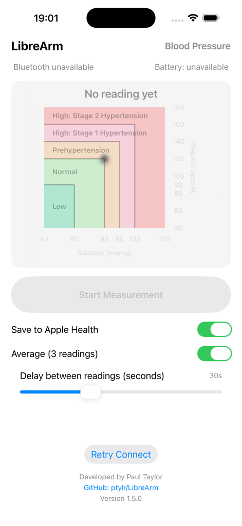 LibreArm app interface showing a blood pressure classification chart and measurement settings for Apple Health integration