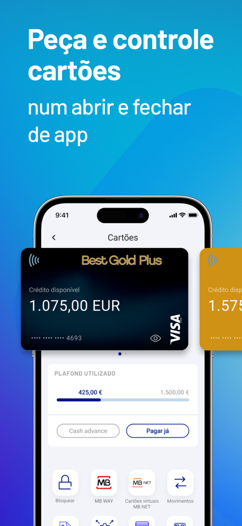 Best Bank - Interface do aplicativo móvel Best Bank mostrando gerenciamento de cartão de crédito para um cartão Gold Plus Visa
