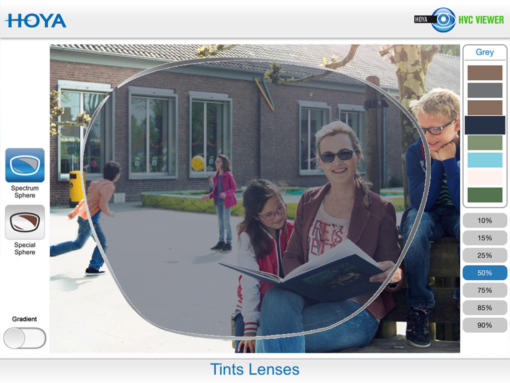 AR simulation of grey tinted lenses at 50 percent density in the HVC Viewer app
