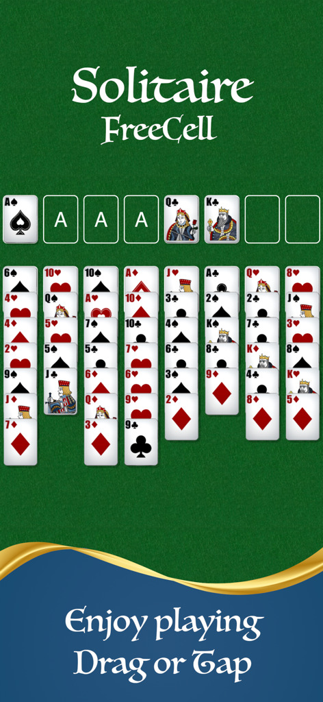 FreeCell Solitaire Watch Game - Interfaz del juego FreeCell Solitaire mostrando cartas sobre un fondo clásico de fieltro verde