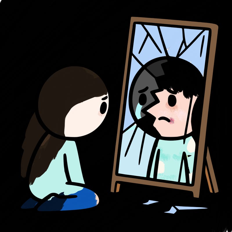 broken person looking in mirror