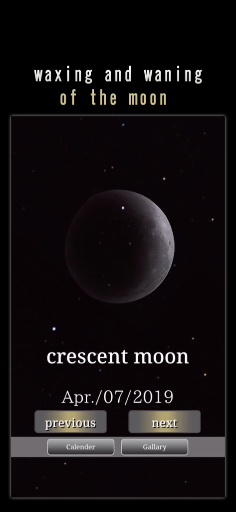 MoonFace -Calender of the Moon - Pantalla minimalista de la aplicación MoonFace que muestra una fase de luna creciente sobre un fondo oscuro
