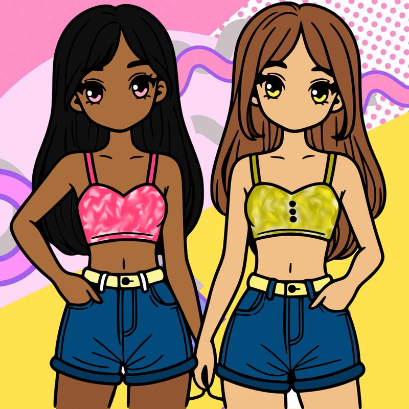 two sisters with crop tops and jean shorts and straight hair