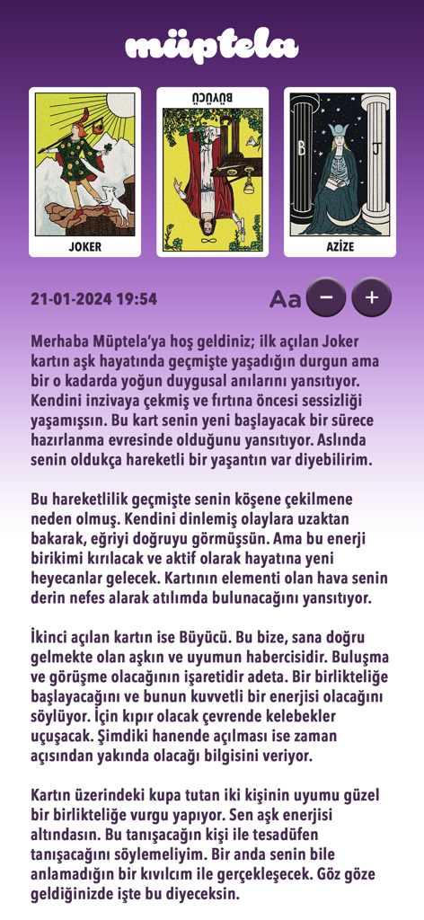 Müptela - Kahve Falı, Tarot - Muptelaアプリのタロットカード占い画面。3枚のカードと、詳細なトルコ語のテキスト解説が表示されています。