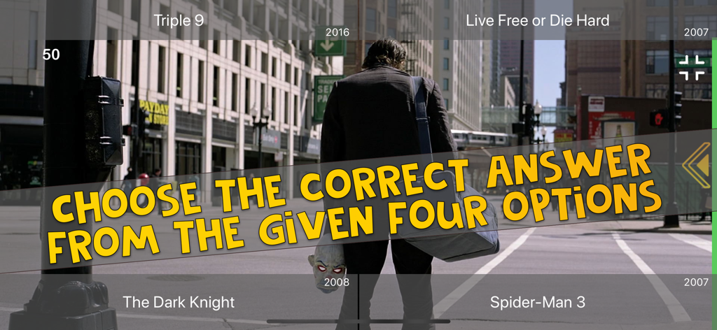 Guess The Movie | Film Quiz - Captura de pantalla de juego de una aplicación de trivia de películas que muestra una escena de The Dark Knight con opciones de opción múltiple.