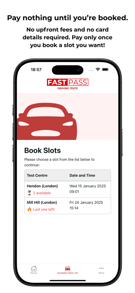 Fast Pass Driving Tests - A mobile phone screen showing available driving test slots and dates in the Fast Pass app